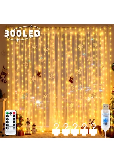 Shopytech 300 Led Usb Perde Işık 8 Modlu Uzaktan Kumandalı Gün Işığı Dekoratif Led Peri Işığı Çok Renkli