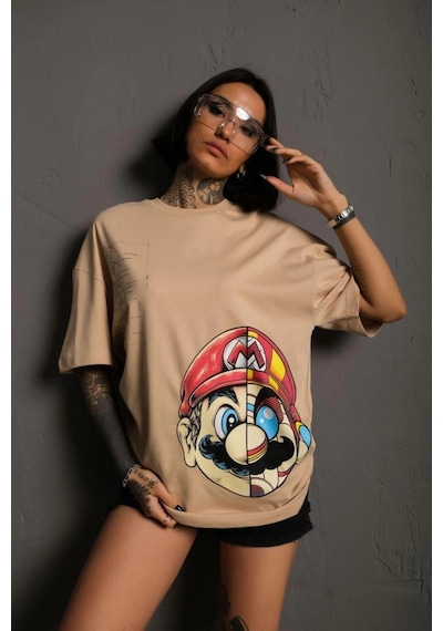 Wear Vexel Kadın Mario Baskılı T-shirt Oversize Kısa Kol Bisiklet Yaka Tişort - Bej Bej