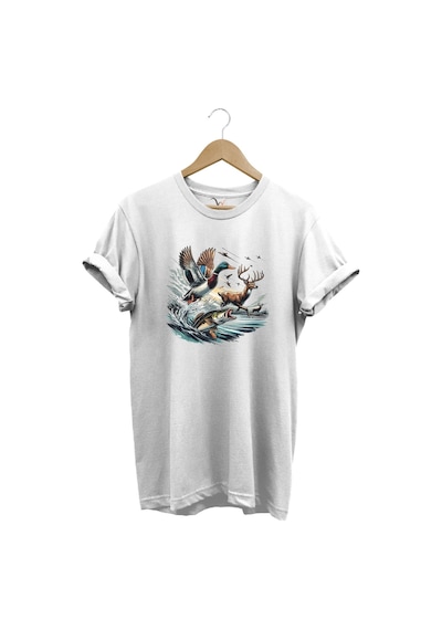 Avcılık Temalı Geyik, Ördek Ve Balık Tasarımlı %100 Pamuk Unisex Regular Fit T-shirt Beyaz