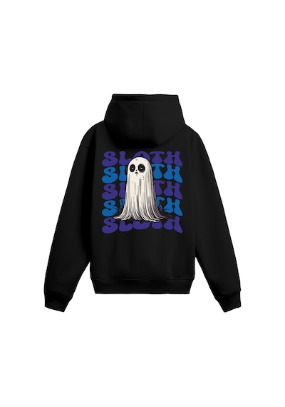 Puck Theworld Sloth Baskılı Unisex Hoodie, 3 İplik Şardonlu Rahat Ve Geniş Kalıp SIYAH