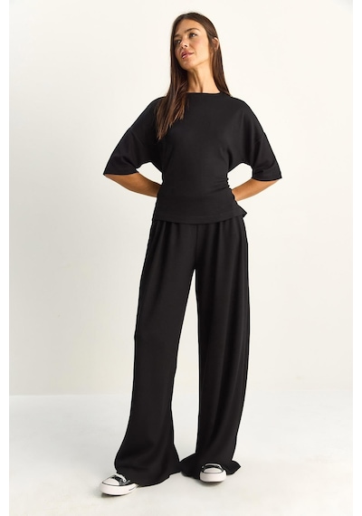 Shade Kadın Belden Bağlamalı Basic T-shirt Bol Paça Pantolon Alt-üst Modal Takım 4114 60286087 - Siyah