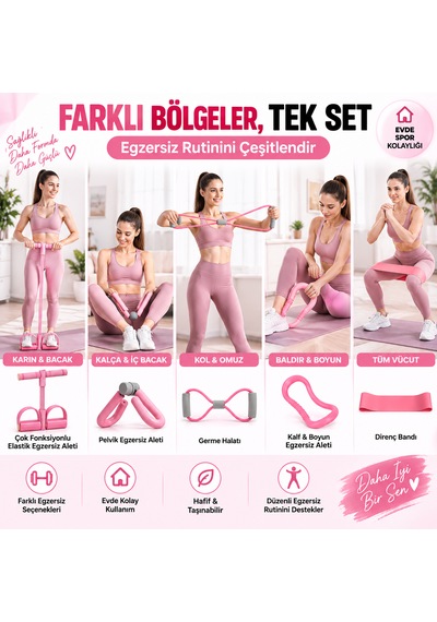5'li Yoga Pilates Egzersiz Seti Direnç Bandı Elastik Evde Spor Aletleri Pembe