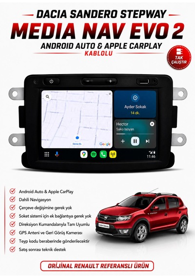 Dacia Sandero Stepway Uyumlu Media Nav Evo 2 Multimedya Navigasyon Carplay / Android Auto Versiyon 7"