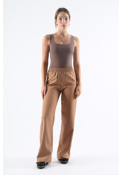 Dokuma Camel Geniş Paça Beli Lastikli Basic Uzun Kadın Pantolon Sh191 S