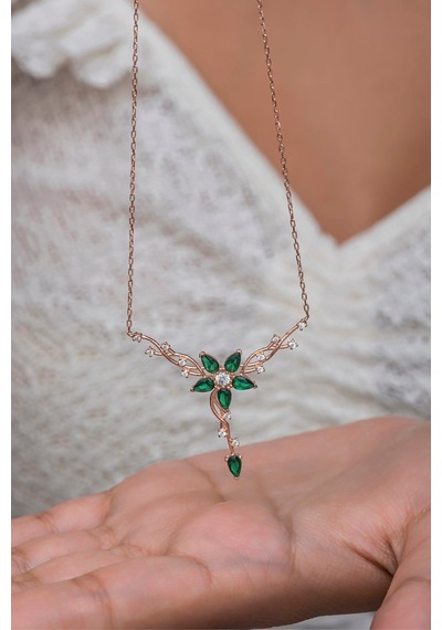 925 Ayar Gümüş Rose Daldaki Gonca Yeşil Çiçek Kolye Rose Gold