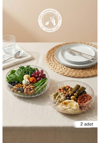Selen Concept El Yapımı Büyük Boy Cam Salata Kasesi 2'li Set Şeffaf