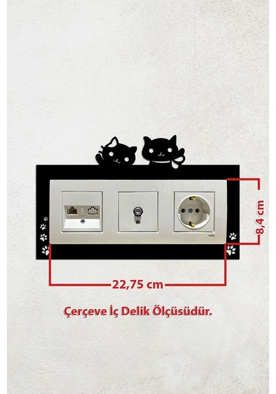 Sevimli Kedi Tasarım 3lü Priz Çerçevesi İç Ölçü 22,75x8,4 Cm Üçlü Dekoratif Priz Susu Siyah