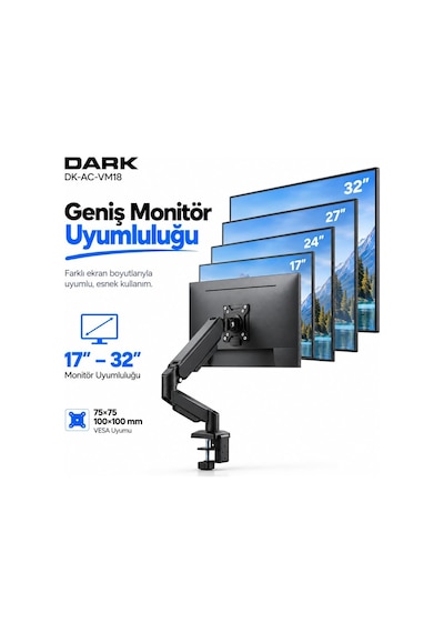 Vm18 1 Adet Monitör Takılabilen 13"-32" Uyumlu Amortisörlü, Masa Monte Monitör Kolu Dk-ac-vm18