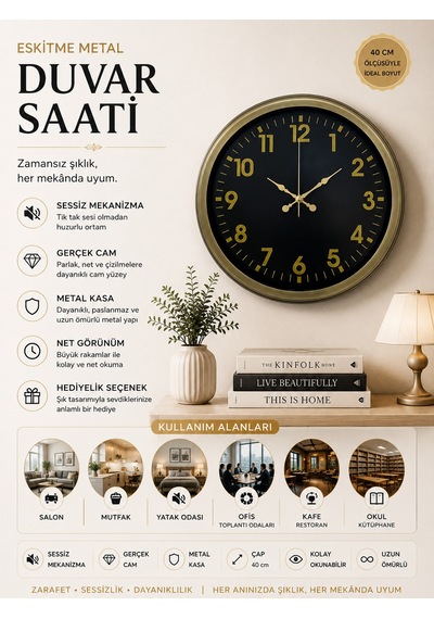 40 Cm Metal Eskitme Klasik Duvar Saati