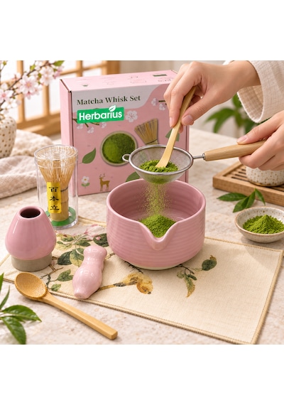 Herbarius 8 Parça Mat Pudra Pembe Renk Matcha Çayı Hazırlama Seti - Geleneksel Japon Matcha Seti