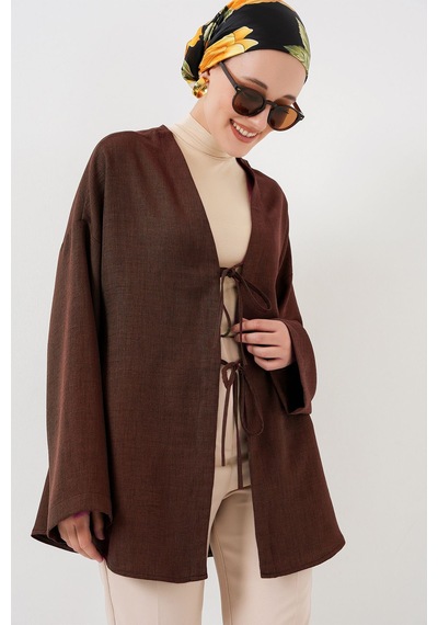 Hiccup Bdart Keten Karışımlı Uzun Kollu Önü Bağcıklı Kimono Mocha Kahvesi