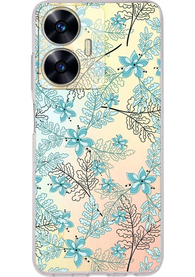 Realme C55 Uyumlu Kamera Korumalı Floral Su Yeşili Tasarımlı Şeffaf Silikon Kılıf