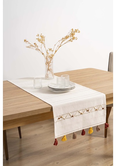 Rivaistanbul Ruffle Boncuk & Püsküllü %100 Pamuklu Ham Keten Runner 50x130 Cm Bej