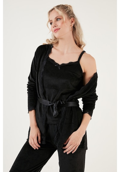 Lela Regular Fit Dantelli Yumuşak Dokulu Sabahlıklı Kadife Bayan Pijama Takımı 6095545 Siyah