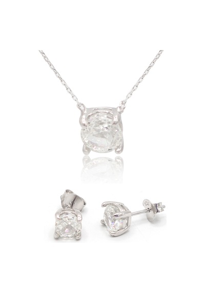 Yuvarlak Mozanit Taşlı 925 Ayar Gümüş Küpe Ve Kolye 2'li Set 201024820 Gümüş