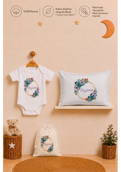 Pia Baby İsme Özel Kız Bebek Hediyesi %100 Pamuk Organik Baskılı Body Yastık Kılıfı Ve Ham Bez Kıyafet Kesesi 1026byk0x Ekru