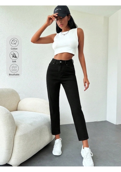 Blue Marlın Kadin Siyah Yüksek Bel Mom Jeans Pantolon Siyah