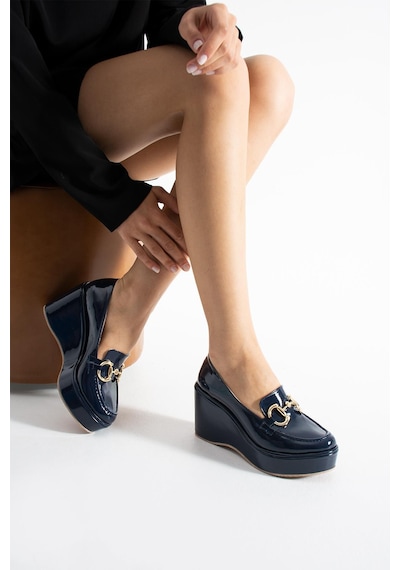 Zenne Shoes Dolgu Topuklu Tokalı Kadın Ayakkabı Lacivert