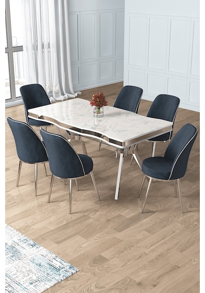 Canisa Prah Serisi 90x160 Lak Panel Beyaz Mermer Desen Krom Ayak Masa Takımı 6 Antrasit Sandalye Beyaz Mermer Desen Masa Sandalyeler Antrasit