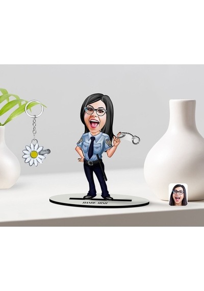 Kişiye Özel Kadın Polis Karikatürlü 3D Ahşap Biblo Ve Isimli Silv