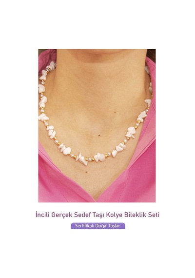 Sertifikalı İncili Beyaz Sedef Taşlı Doğal Taş Kolye Bileklik Set Çok Renkli