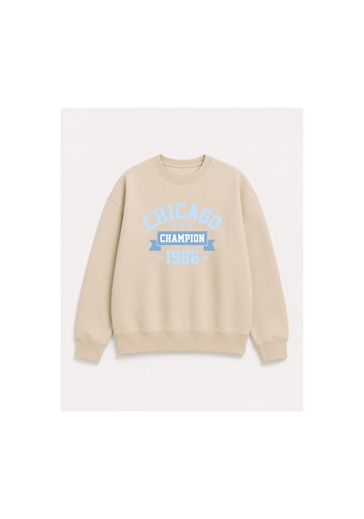 Herkesemoda Chicago Baskı Detaylı Bisiklet Yaka Şardonlu 2 İplik Sweatshirt Bej