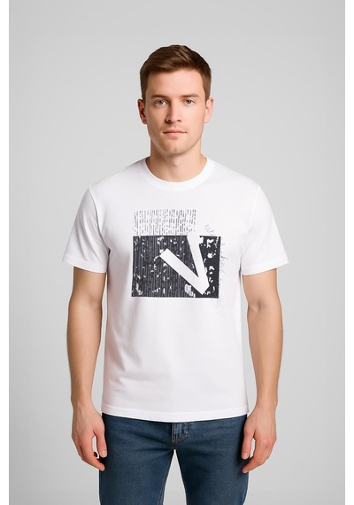 Erkek Rahat Kesim Bisiklet Yaka Baskı Detay T-shirt Çok Renkli