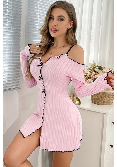 Bella Notte Toz Pembe Düşük Omuzlu V Yaka Uzun Kollu Gecelik