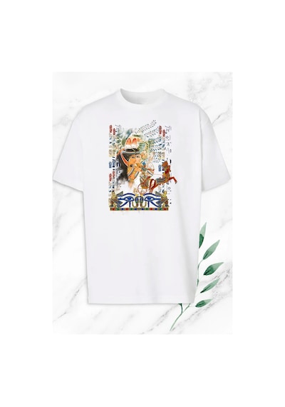 Unisex Beyaz Oversize Antik Mısır Egypt Baskılı Tişört Beyaz