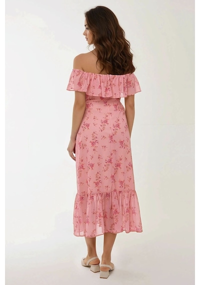 Hiccup Omzu Açık Çiçek Desenli Bodycon Midi Elbise Pembe