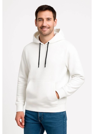 Erkek 3 İplik Pamuklu Kapüşonlu Kanguru Cepli Sweatshirt Hoodie - Beyaz
