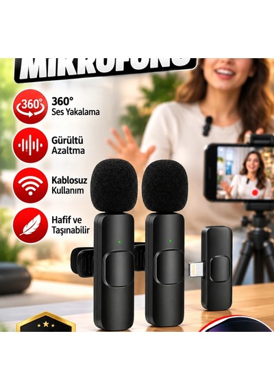 İphone Uyumlu 2 Li Kablosuz Yaka Mikrofonu Seti 360 Ses Yakalama Gürültü Azaltma Özellikli