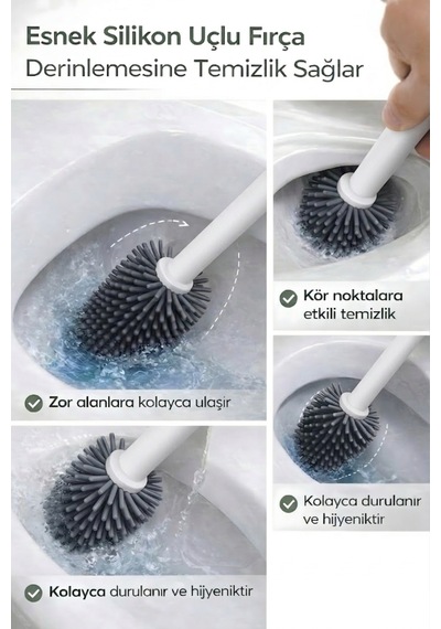 Beyaz Silikon Uçlu Hazneli Tuvalet-Banyo Wc ve Klozet Temizleme Fırçası