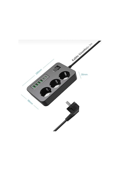 Akım Korumalı 3 Lü Priz 2x Usb-c + 4x Usb-a Hızlı Şarj 2m Kablo Çocuk Korumalı Çoklu Priz 2 M