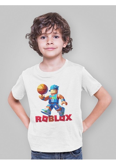 Sevbano Roblox Basketbol Tasarım Baskılı Unisex Oyun Çocuk Tişört 3-12 Y Beyaz