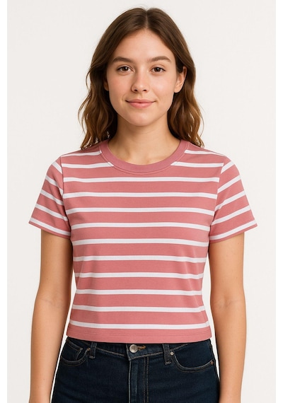 Kadın 3'lü Paket Yeşil-pembe-mavi Crop Tişört Pamuk Bisiklet Yaka T-shirt Çok Renkli