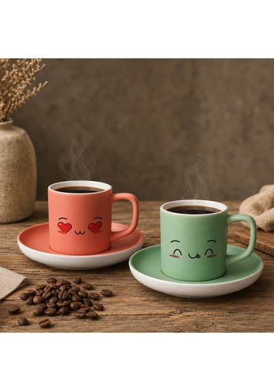 Bk Gift 2'li Somon Ve Yeşil Renkli Emoji Yüz Tasarımlı Seramik Türk Kahvesi Fincanı Takımı-4 Çok Renkli
