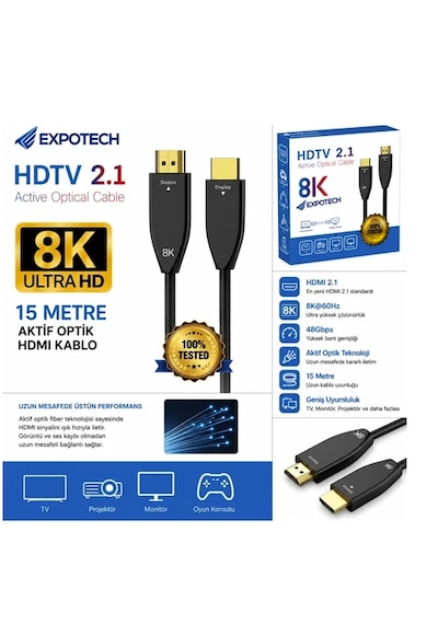 Expotech 8k Fiber Hdtv 2.1 Aktif Optik Hdmı Kablo 15 Metre 8k 60hz 48gbps Ultra Hd