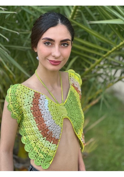 Gönülden Tasarım El Örgüsü Kelebek Crop Büstiyer Standart Beden Yeşil