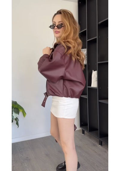 Prifaldi Premium Oversiz Bomber Deri Ceket Bordo