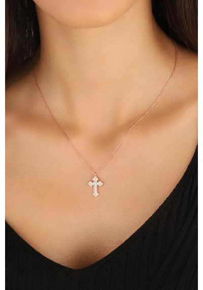 Beyaz Taşlı Gümüş Haç Kolye Iı Rose Gold