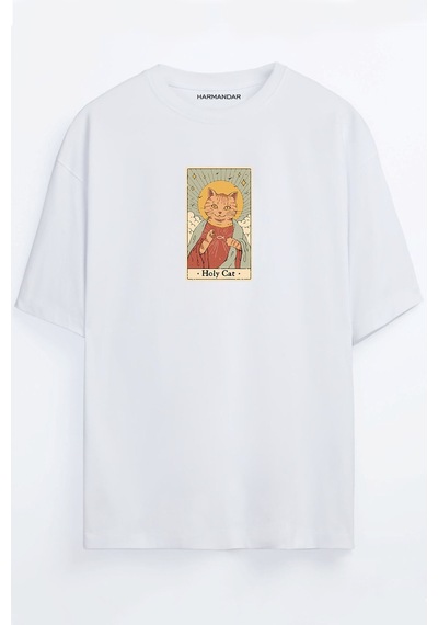 Kutsal Kedi - Holy Cat Baskılı Oversize Unisex T-shirt Beyaz