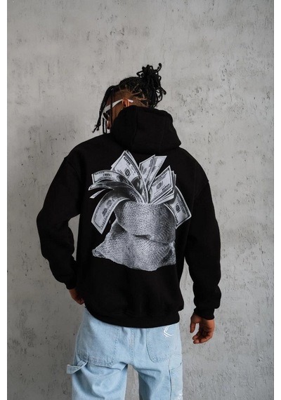 Erkek Kanguru Cepli Baskılı Kapüşonlu Sweatshirt - Siyah Çok Renkli
