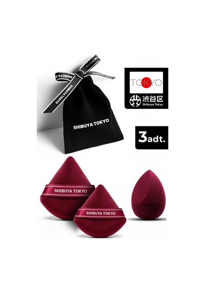 Üçgen Pudra Pufu Ve Makyaj Süngeri 3 Lü Set Kumaş Kese Bordo