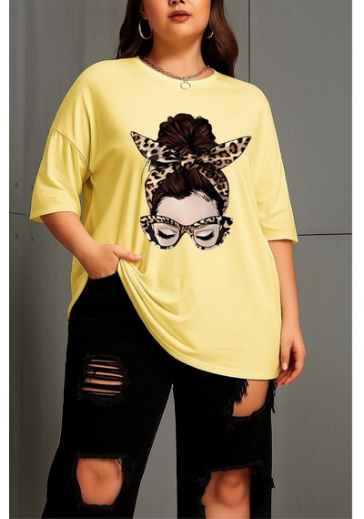 Ceny Kadın Büyük Beden Battal Baskılı Bisiklet Yaka Pamuklu T-shirt Rahat Kesim Unisex Sevgili Kombini Sarı