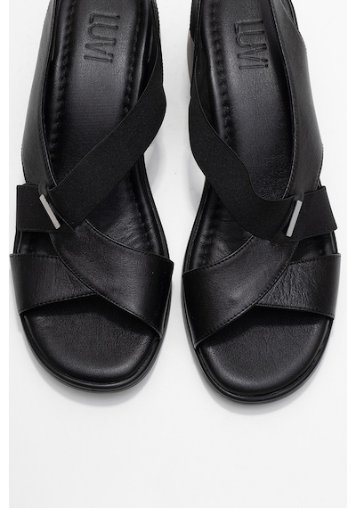 Luvishoes Crına Siyah Hakiki Deri Lastikli Kadın Kalın Topuklu Sandalet Siyah