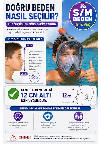 Turuncu Gri Full Face Şnorkel Maske S/m Beden 8-14 Yaş Çocuk Tam Yüz Dalış Seti Katlanabilir