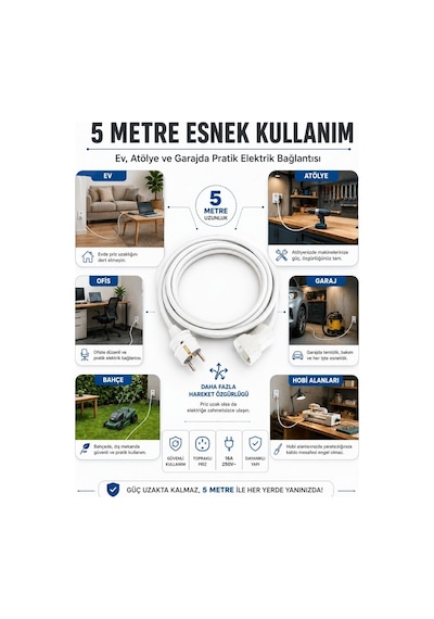 Viko Seyyar Uzatma Kablosu 5 Metre 3x2.5 Mm Cca Kablo Viko Erkek Dişi Fiş Klemensli Terminalli Topraklı Tse Ce Belgeli 5 M