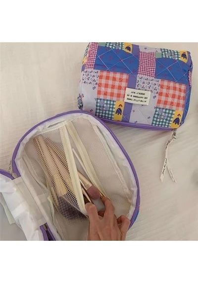 Kapitone Patchwork Desenli Büyük Boy Makyaj Ve Kozmetik Çantası / Seyahat Tipi Organizer - 25x16x16 Cm