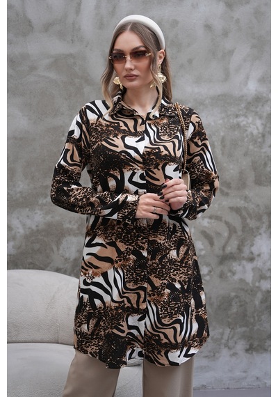 Polologin Butik Leopar Desenli Gömlek Tunik Kahverengi & Siyah & Beyaz Polologin Butik Leopar Desenli Gömlek Tunik Kahverengi & Siyah & Beyaz